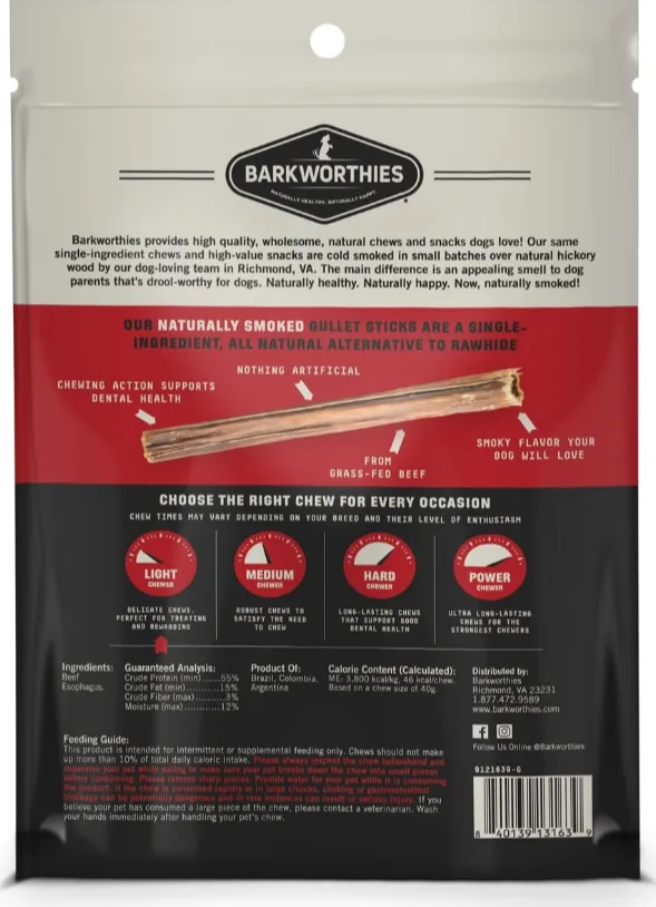 Barkworthies 5 Pack Smoked Beef Gullet Sticks For Dogs