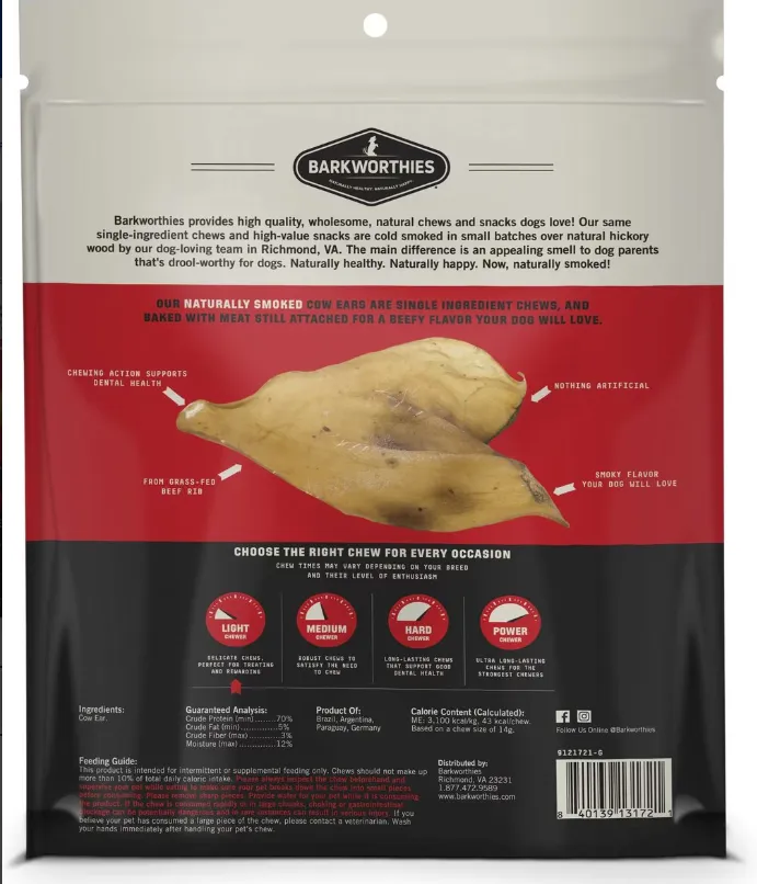 Barkworthies Smoked Cow Ear 5 Pack For Dogs