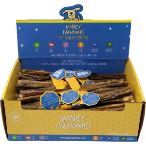 Honey I'm Home 12" Bully Sticks Natural Honey Coated Buffalo Chews Grain-Free Dog Treats Bulk