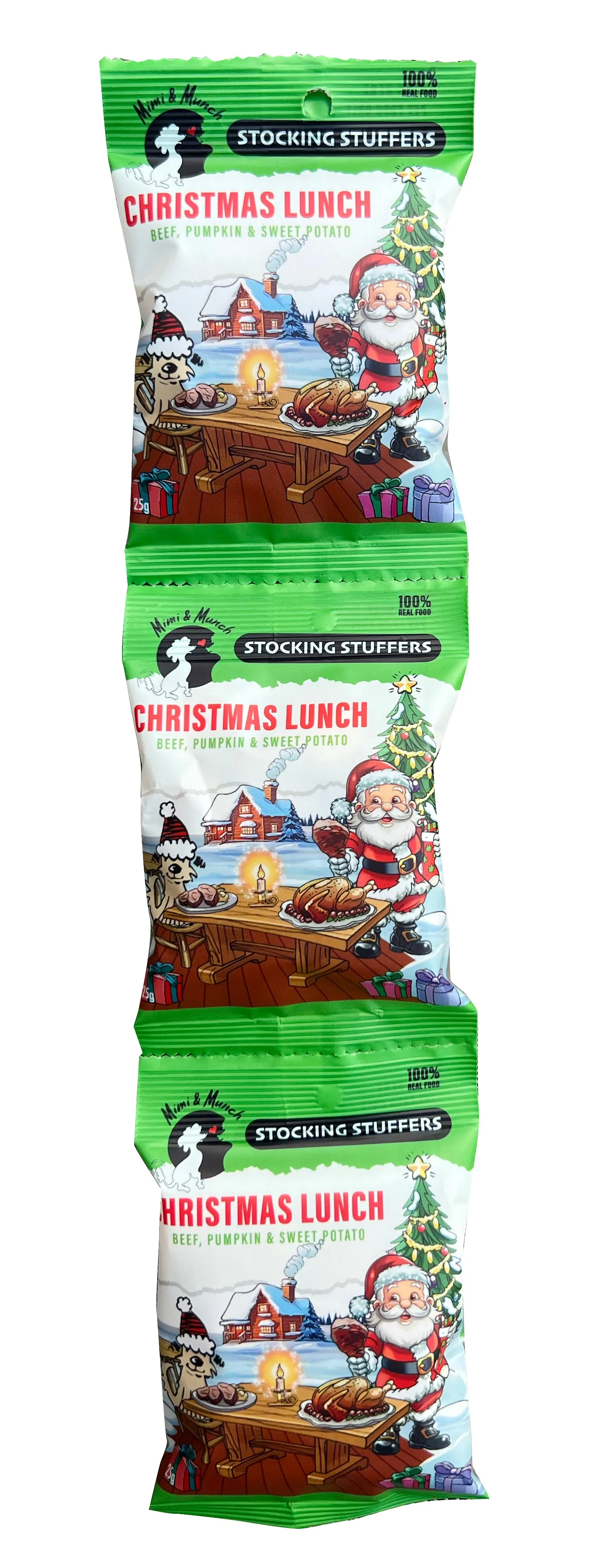 Mimi & Munch Dog Treat Christmas Lunch Stocking Stuffers Strip of 3 Mini Packs 75g