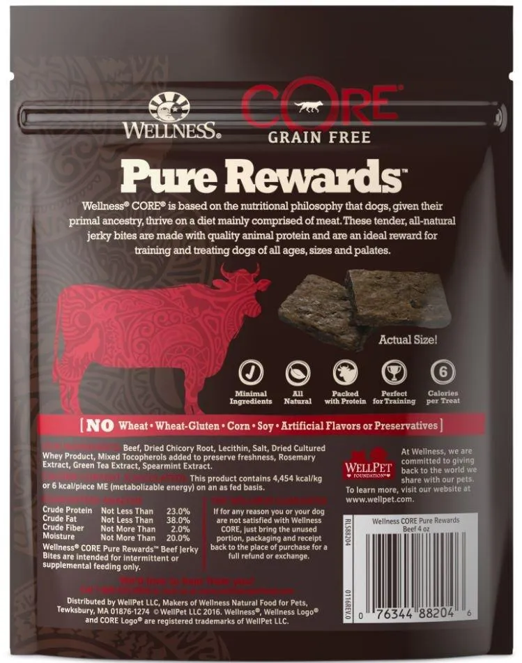 Wellness CORE Natural Grain Free Pure Rewards Beef Recipe Jerky Bites Dog Treats